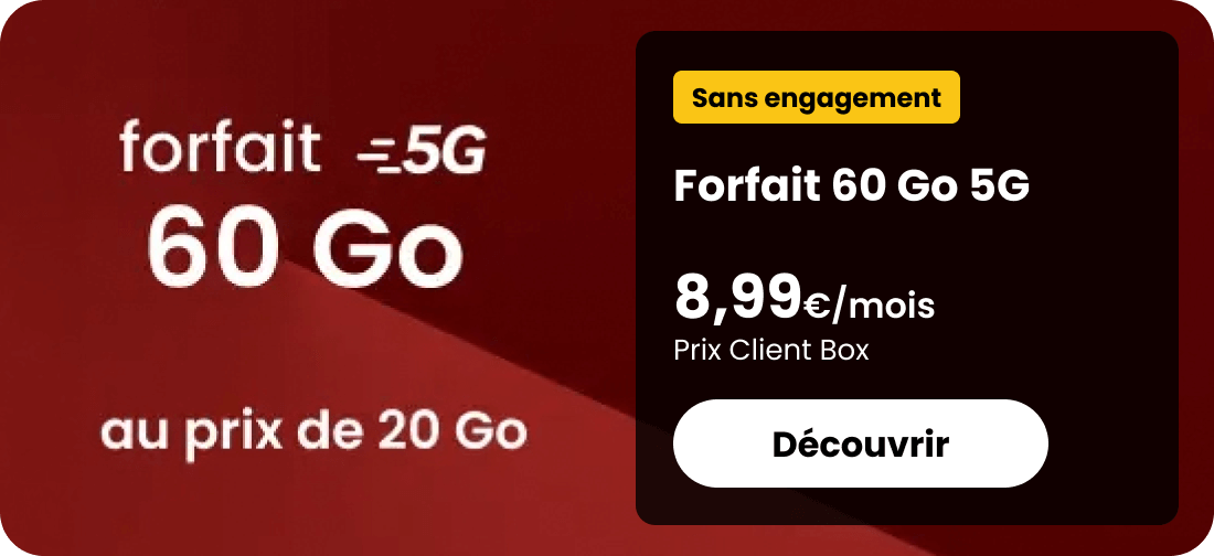 Forfait 5G 60 Go au prix de 20 Go - 8,99€/mois Prix Client Box - Sans engagement